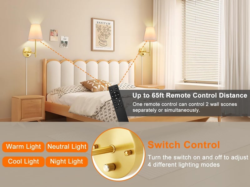 GOODATE Wall Sconces Set of Two with Remote Control, Dimmable, Adjustable Colors 2700-6500K, Plug in Wall Sconces with White Fabric Shades, Plug in Wall Light, Gold - Image 4